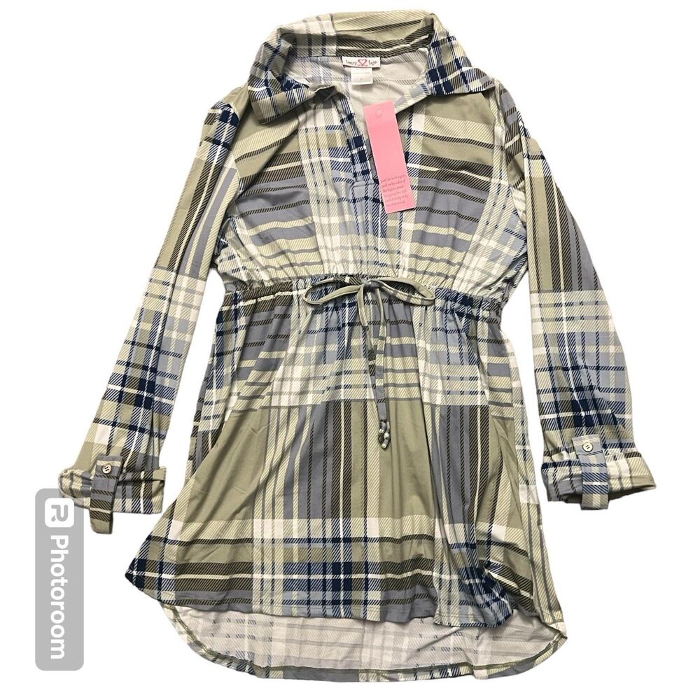 Plaid Green and Blue Long Sleeve Tunic High Low Dress